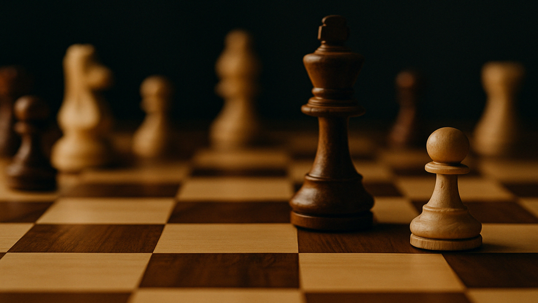 Close-up of a chessboard with a wooden pawn and king in focus, set against a blurred background of chess pieces.