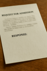 Close-up of a legal document titled "Request for Admission" with the word "RESPONSE:" printed below, resting at an angle on a wooden desk.