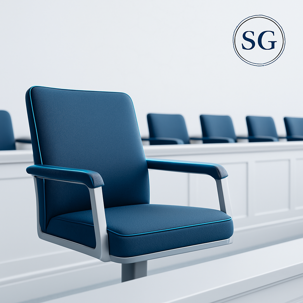 Modern jury box with sleek navy blue chairs and a light wood barrier, photographed in a clean, minimalist courtroom. The letters “SG” appear in the top right corner.
