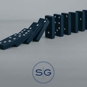 Dark blue dominoes arranged in a line on a white surface, with several fallen and others still standing, symbolizing the risk of a final move in mediation.